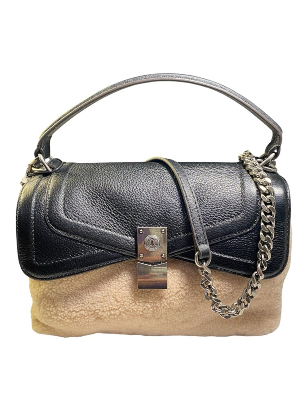 New Aimee Kestenberg Leather Shearling Top Handle Crossbody Bag Black Cream
